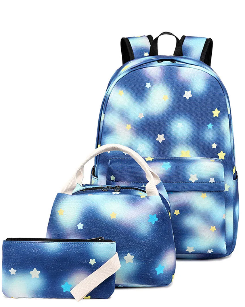 3 Pcs Girls Backpack Set Bookbag Star Prints Junior Schoolbag with Lunch Box