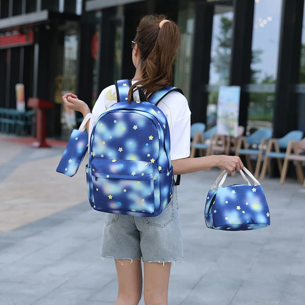 3 Pcs Girls Backpack Set Bookbag Star Prints Junior Schoolbag with Lunch Box