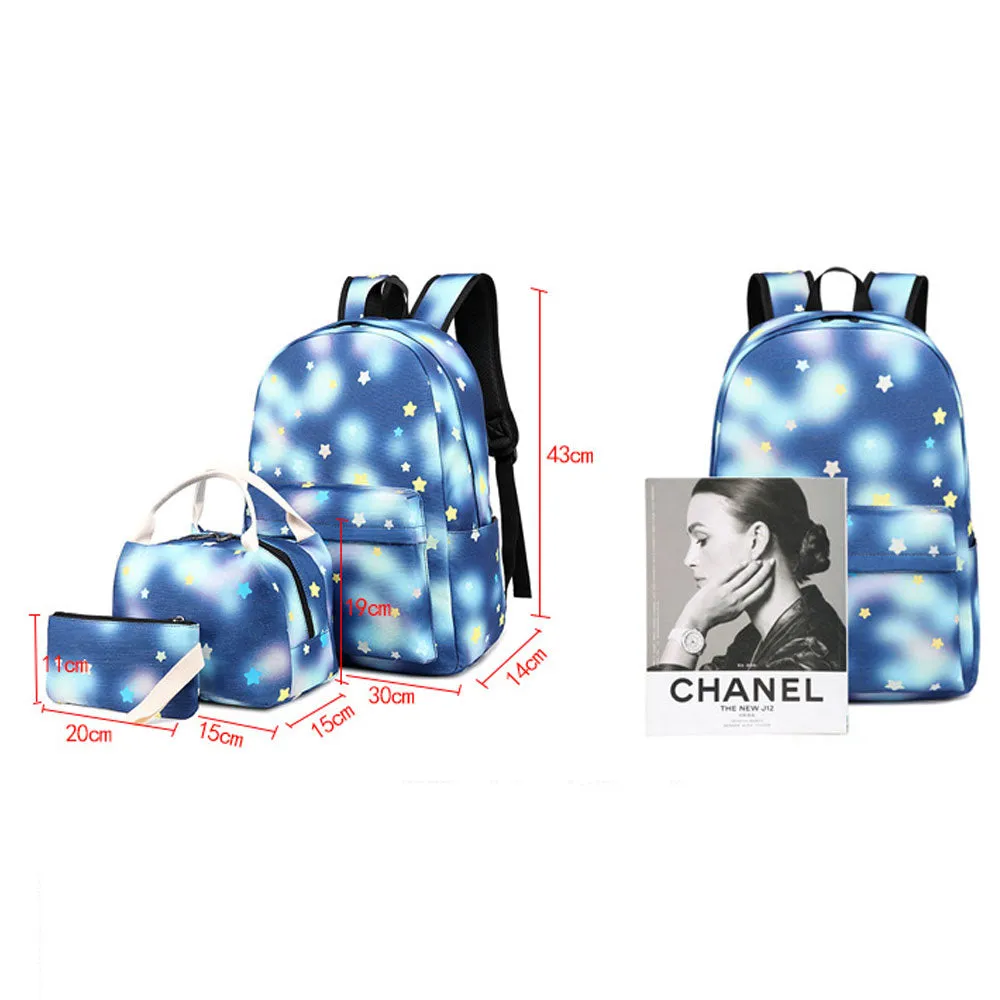 3 Pcs Girls Backpack Set Bookbag Star Prints Junior Schoolbag with Lunch Box