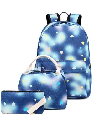 3 Pcs Girls Backpack Set Bookbag Star Prints Junior Schoolbag with Lunch Box