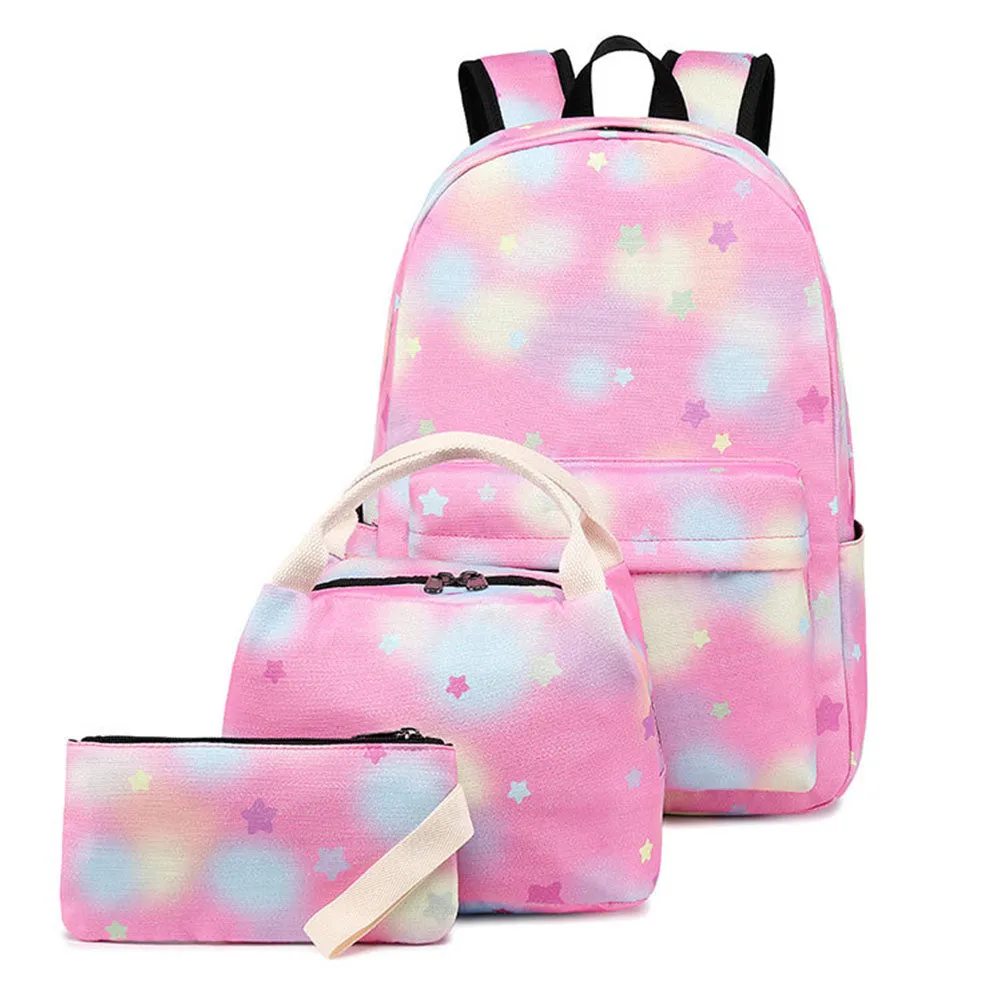 3 Pcs Girls Backpack Set Bookbag Star Prints Junior Schoolbag with Lunch Box