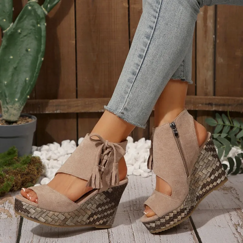 Women's Tassel Open Toe Platform Wedge Sandals