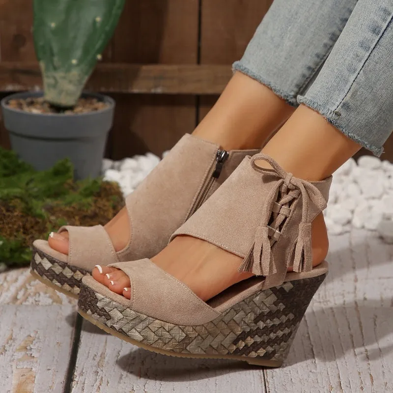Women's Tassel Open Toe Platform Wedge Sandals