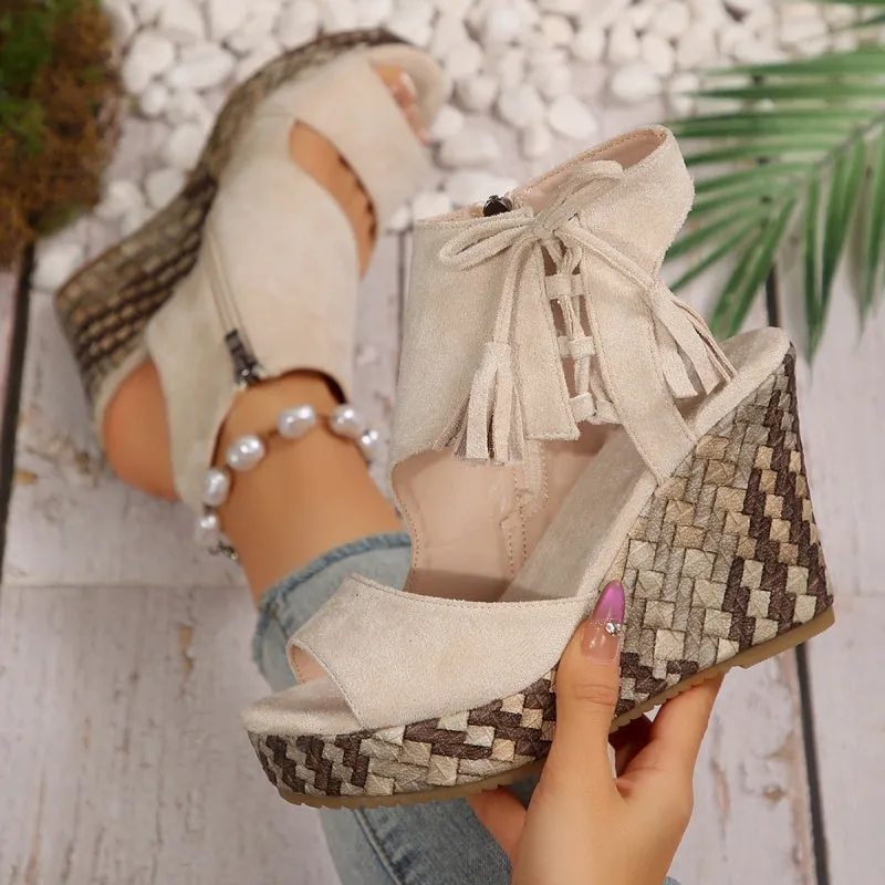Women's Tassel Open Toe Platform Wedge Sandals