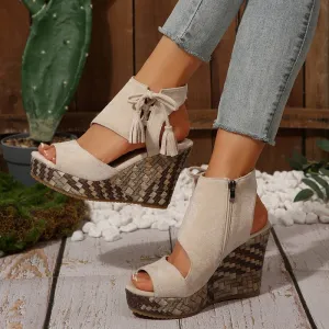 Women's Tassel Open Toe Platform Wedge Sandals