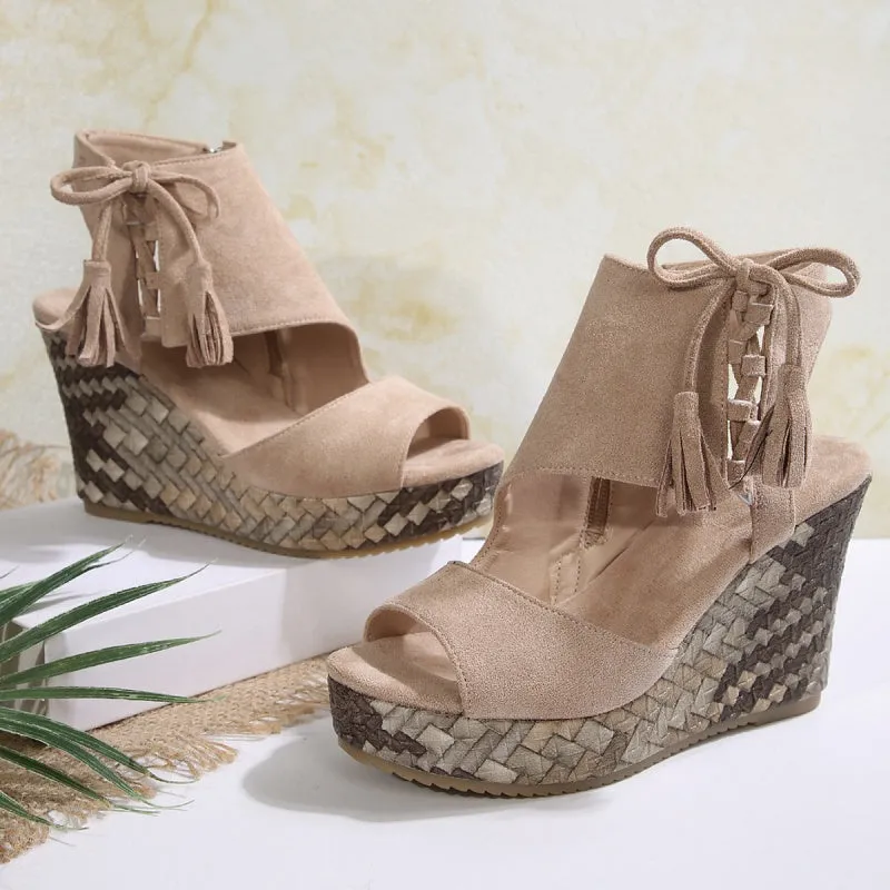 Women's Tassel Open Toe Platform Wedge Sandals